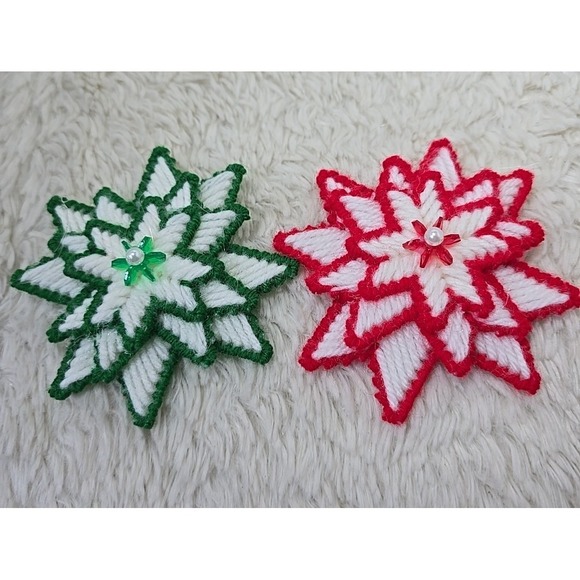 Handmade Other - Vintage Handmade Needlepoint Star Christmas Ornament (2) Needlecraft Red & Green